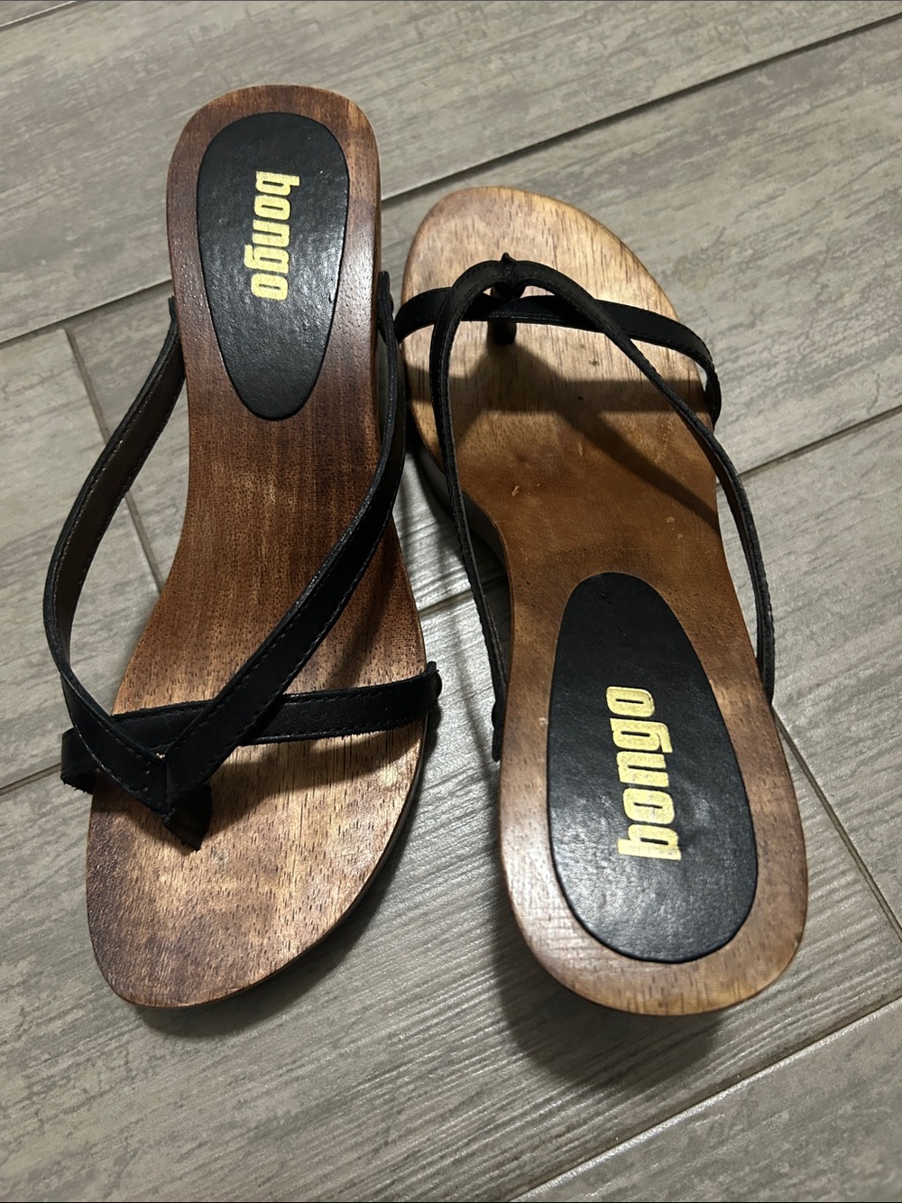 🔥Bongo Y2K sandals black leather wooden platform high heel women Size 8